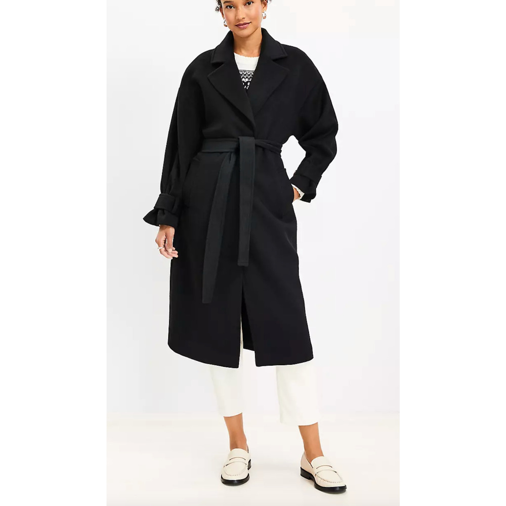 NEW ANN TAYLOR LOFT BLACK PETITE MODERN TIE WAIST TRENCH COAT SIZE LP L